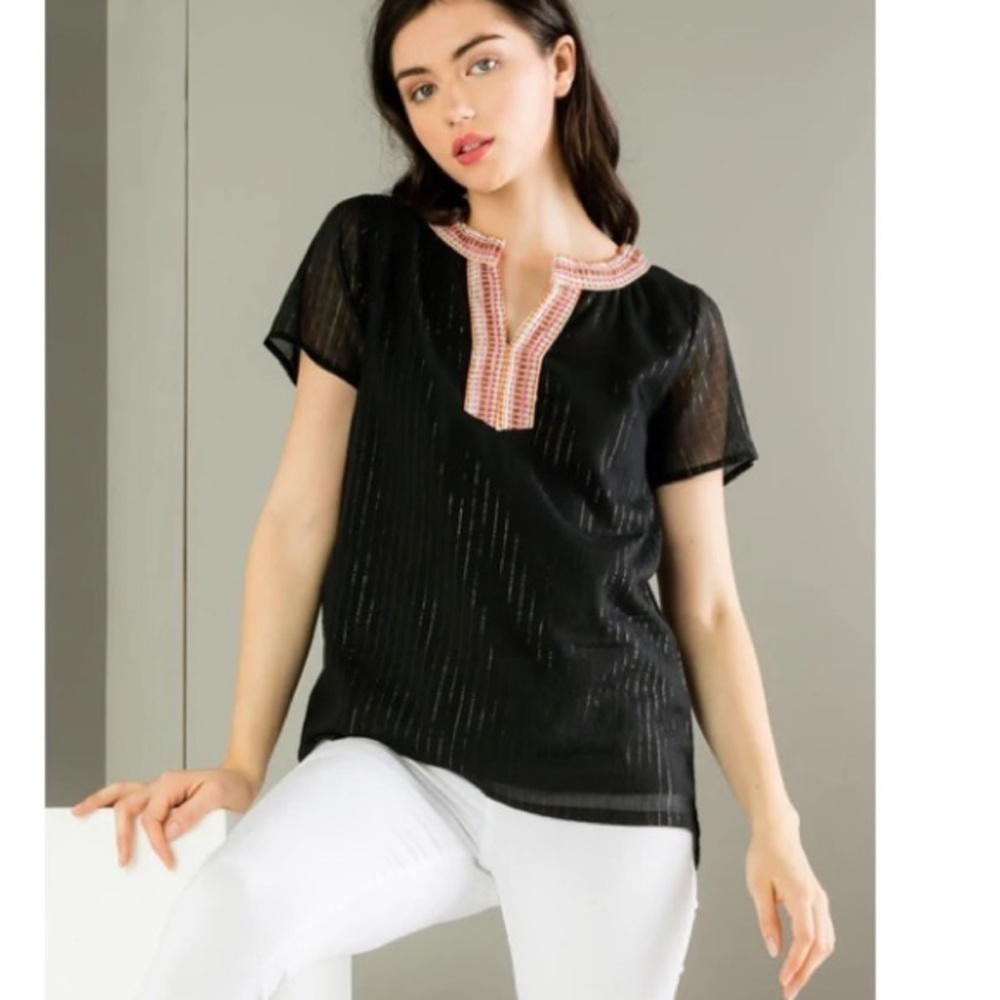 Aurora Black THML Contrast Red Neckline Tunic Boho Blouse metallic embroidered S